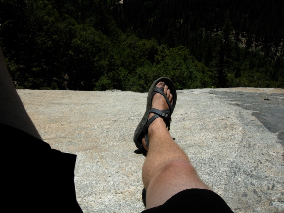 Wearing the Chacos during a break from climbing after making my way 300' up a granite rock-face